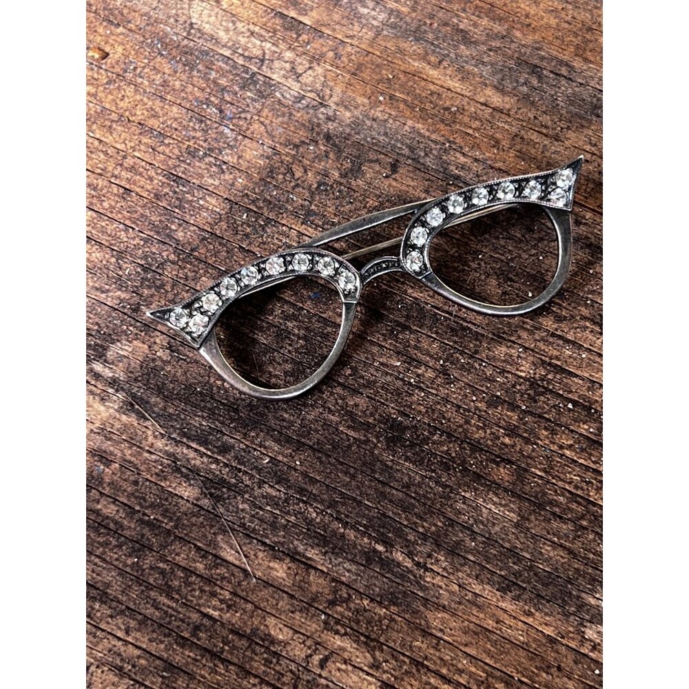 Vintage Sterling Silver Rhinestone Cat-Eye Glasses Brooch Pin 925 Retro Style Je
